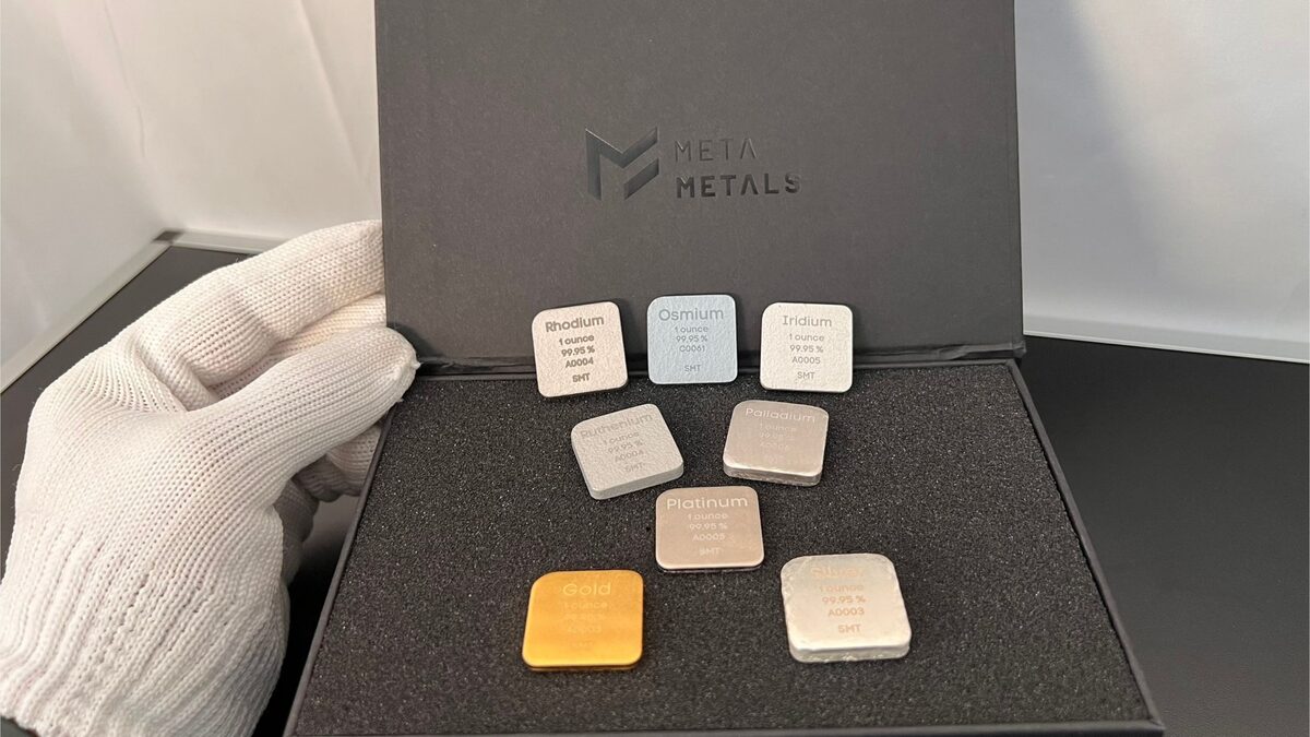 Precious metals set with 8 bars including osmium, iridium, and rhodium in presentation box with MetaMetals logo.